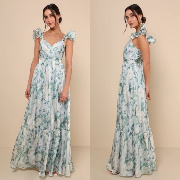 Lulu's Soiree Perfection Light Blue Floral Ruffled Tiered Maxi Dress